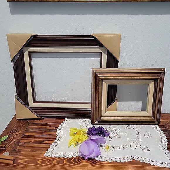 Pair Vtg MCM Wood Art Frames Linen Liner holds 9x12 & 5 x7 no glass Gallery Wall - Picture 12 of 15
